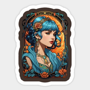 Bohemian Blue Haired woman retro vintage floral design Sticker